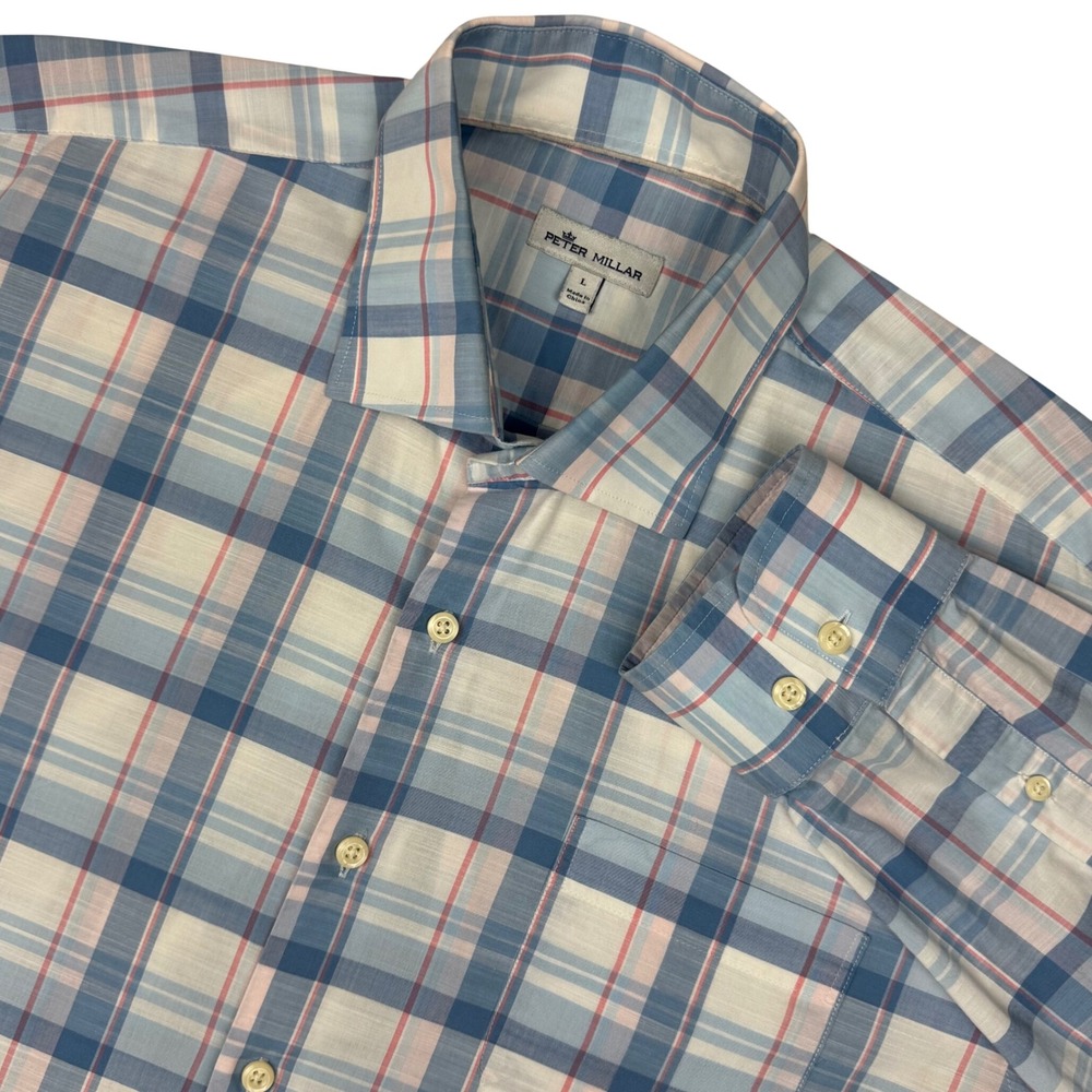 Peter Millar Button Up Plaid Shirt Mens L Blue Long Sleeve Stretch Preppy Office